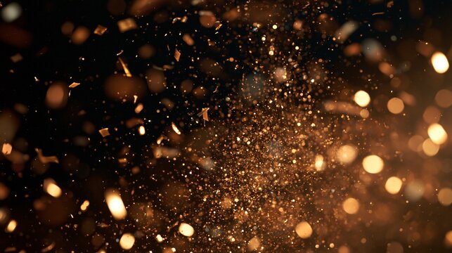 Sparkling golden dust and bokeh lights on a dark background.