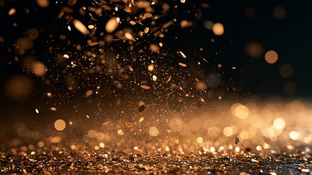 Abstract background of falling golden glitter and bokeh.