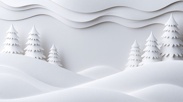 Abstract white winter landscape with snow hills and fir trees.