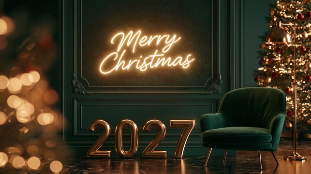 Glowing Merry Christmas 2027 neon sign in a dark green room.