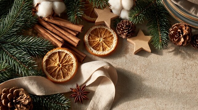 Christmas winter flat lay with dried oranges and cinnamon sticks.