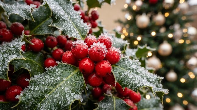 Close up of red holly berries covered with winter frost and snow.