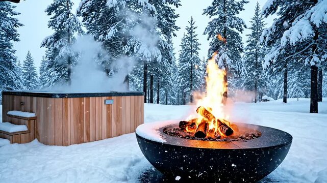 Outdoor hot tub and fire pit in snowy woods.