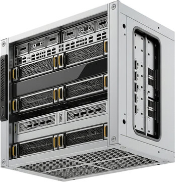 Industrial server rack with multiple hard drives and components