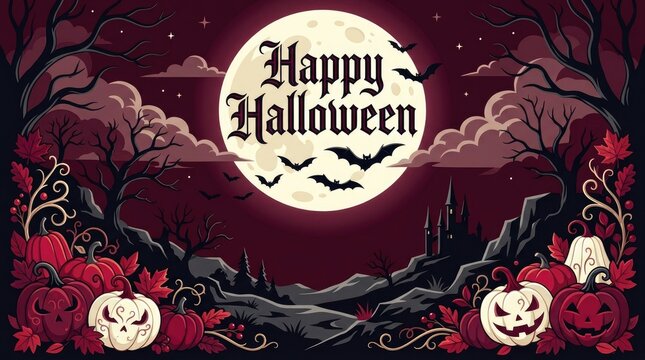 Dark red halloween background, featuring a large, full moon, bare, trees, autumn leaves, carved jack-o-lanterns, and, happy halloween text