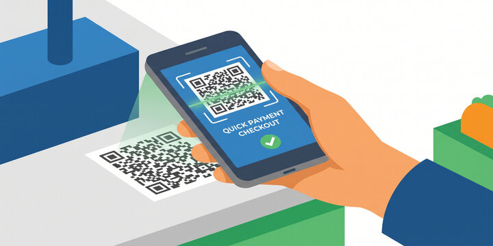 Hand holding smartphone scanning QR code for swift digital payment at checkout counter, representing modern secure contactless transaction technology