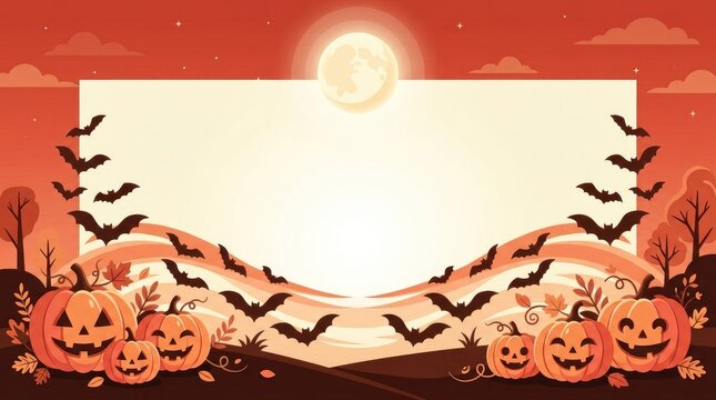 Halloween background, with blank frame, glowing jack o, lanterns, flying bats, full moon, and, autumn landscape in, warm orange and, red tones