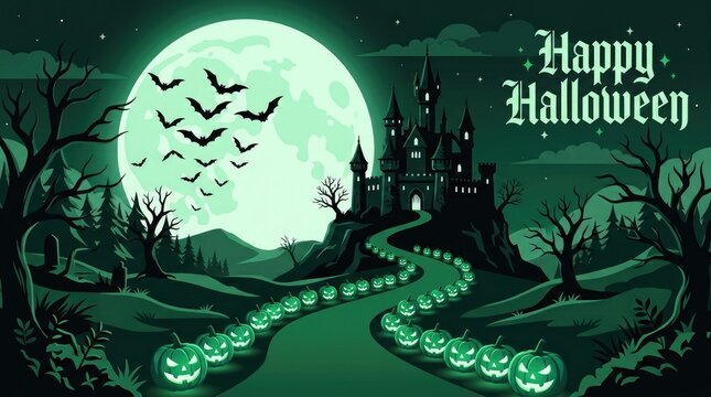 Happy halloween featuring a path lined with glowing green pumpkins leading to a dark castle under a massive bright full moon