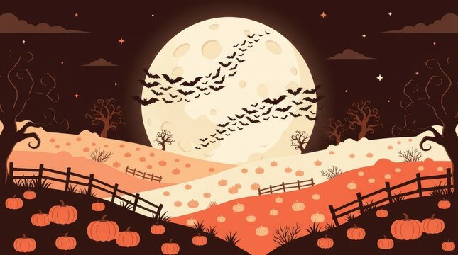 Spooky halloween landscape with full moon, flying bats, bare trees, wooden fences, and glowing pumpkins in dark brown and orange tones