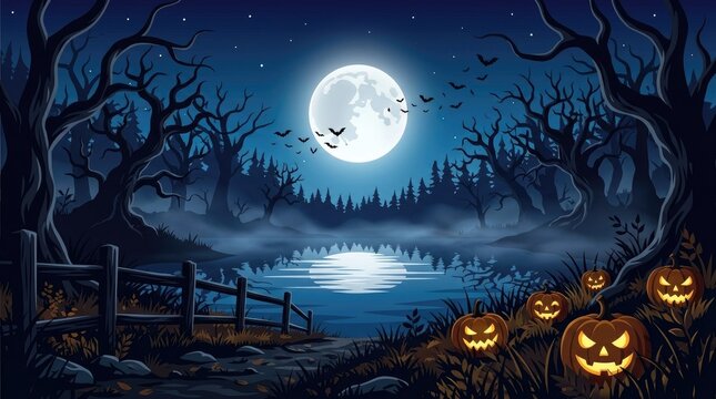 Spooky halloween night landscape with glowing jack o lanterns, full moon, bare trees, foggy lake, and flying bats in dark blue sky