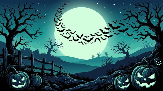 Spooky halloween night scene with glowing jack-o-lanterns, bare trees, a large full moon, and a swarm of bats flying over a dark misty landscape