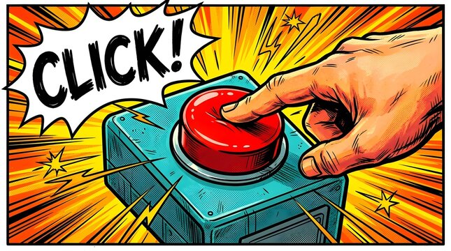 Hand pressing a large red button with a comic book style 'Click!' speech bubble in a sunburst background, symbolizing action or decision