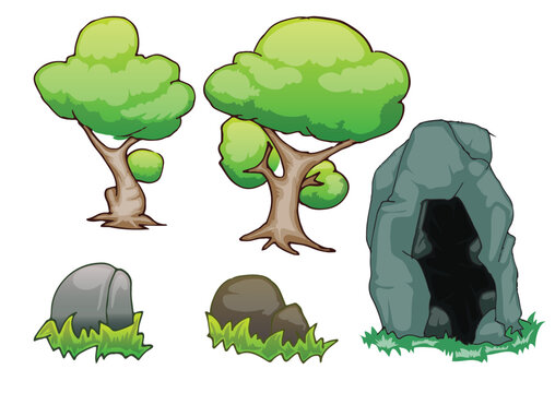 Nature Landscape Elements Vector Set contain with tree, rock and cave isolated