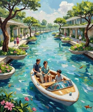 Tranquil canal scene with boat, lush trees, vibrant flowers, and relaxing urban waterfront with people enjoying leisure activities