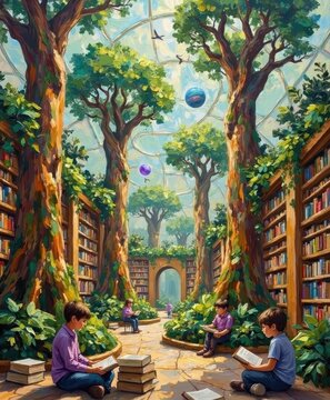 Enchanting indoor library surrounded by lush trees and hanging globes in a magical forest setting