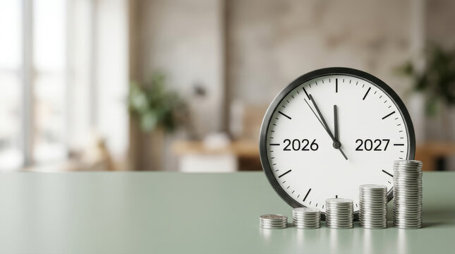 Financial planning concept featuring clock ticking towards 2027 alongside growing stacks of coins representing economic growth and future investment