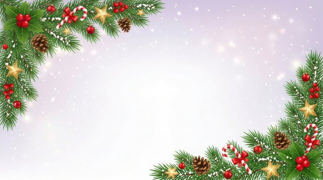 Festive Christmas Border with Evergreen Branches, Holly Berries, Ornaments, and Falling Snow