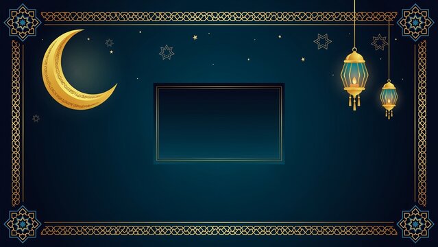 Islamic geometric border with crescent moon and lanterns on dark green background