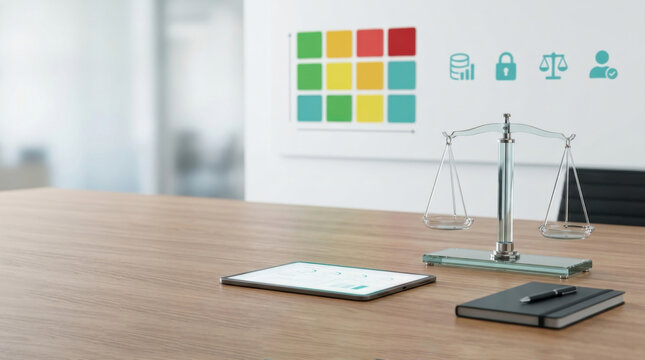 Corporate compliance and business ethics concept featuring glass justice scale on boardroom table with risk management matrix