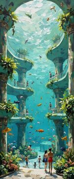 Enchanting underwater cityscape with towering columns, vibrant marine life, and visitors exploring a surreal aquatic environment