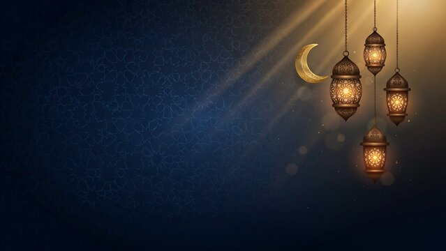 Three hanging lanterns with crescent moon background