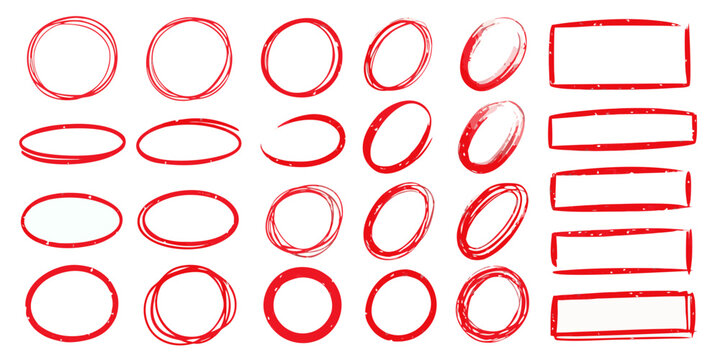 Red marker circles and rectangles arranged on a white background