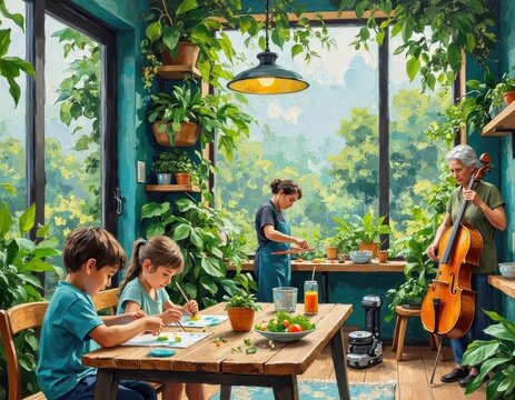 Bright and Green Indoor Space with Children and Musician in Jungle-Themed Room