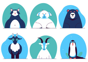 Obraz premium A collection of six stylized animal portraits, including a husky, a polar bear, a black bear, a goat, another goat, and a penguin, set against a backdrop of teal ovals