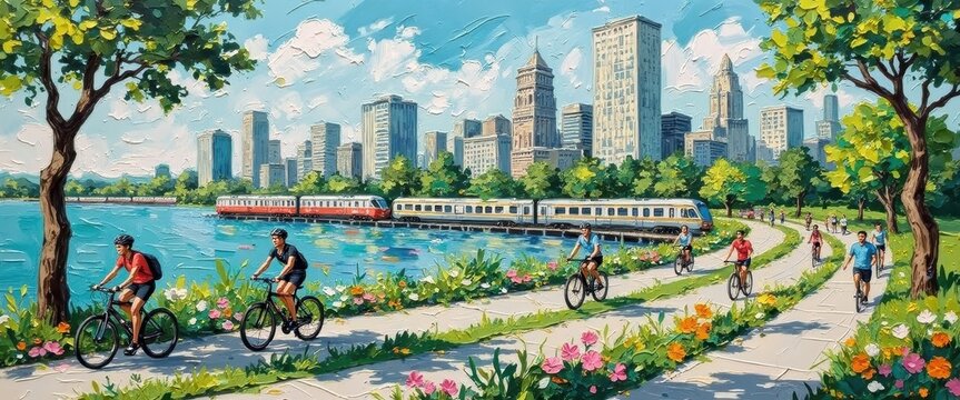 Scenic urban park by river with cyclists and city skyline background