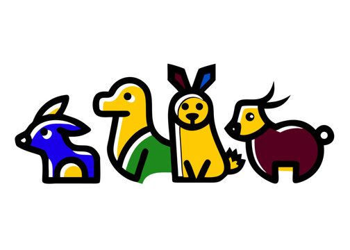 A cute cartoon illustration featuring four distinct animal characters: a blue deer, a yellow camel-like creature, a yellow rabbit, and a brown goat