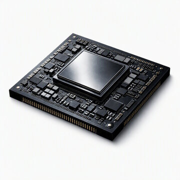 Modern computer processor chip on a dark circuit board isolated on white background 