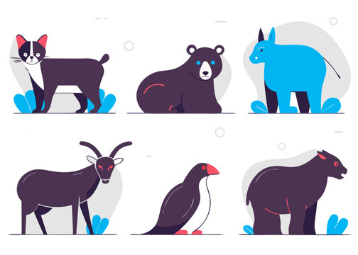 A collection of six distinct animal illustrations, each presented with a unique style and color palette. The animals include a black and white cat, a brown bear, a blue rhino-like creature.