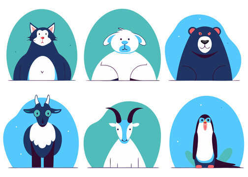 A collection of six stylized animal portraits, including a husky, a polar bear, a black bear, a goat, another goat, and a penguin, set against a backdrop of teal ovals