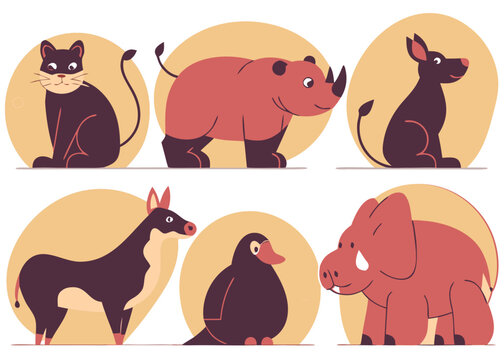 A collection of six stylized animals, including a cat, rhino, dog, donkey, duck, and dinosaur, each in a distinct pose and color scheme, set against a pale yellow circular background