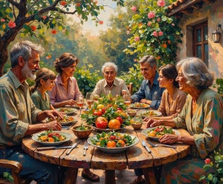 Joyful Multigenerational Family Dinner Outdoors with Fresh Fruit and Vegetables