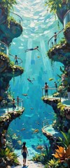 Obraz premium Enchanting Waterfall Scene with Multiple Platforms for Visitors and Bright Fish in Clear Blue Water