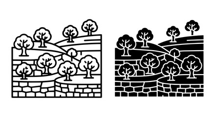 Obraz premium Stylized Landscape Icons, Rural Terraced Hillsides with Trees, Nature Scene Vector Art