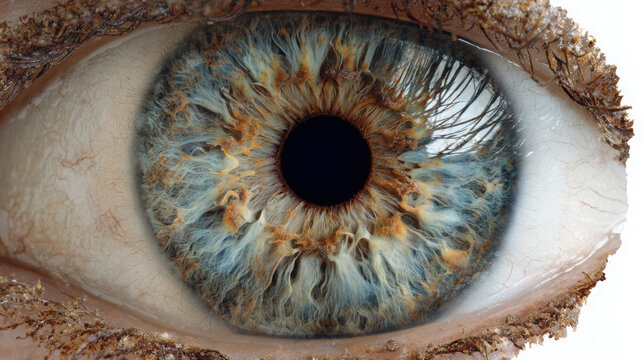 Macro photograph of a human eye showcases a captivating iris with detailed patterns of blue, green, and golden-brown hues, surrounding a black pupil.
