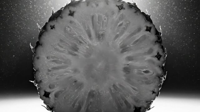 Black and White Macro Close Up of a Freshly Cut Pineapple Slice Illuminated with Light