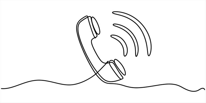 Single line drawing of vintage telephone receiver with sound wave signals representing communication and customer support service on white background.