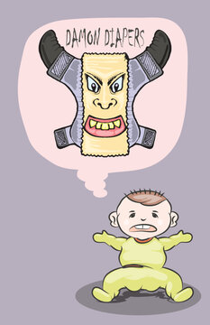 Scared Baby Thinking of Monster Diaper Vector Illustration