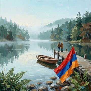 Tranquil lake with Armenian flag near dock and trees in serene landscape