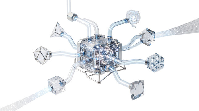 Futuristic quantum computer processor, glass crystalline technology core, abstract data network hub on white background