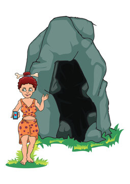 Cartoon Cave prehistoric woman Character Holding Smartphone Next to Rock Cave Vector Illustration