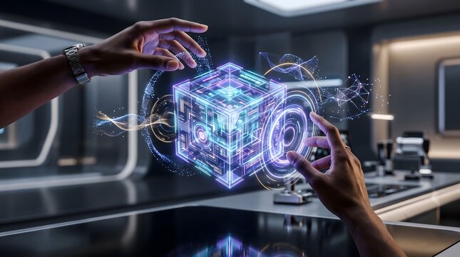 Holographic Interactive Data Cube Manipulated by Hands Showcasing Next Generation Virtual Interface and Data Visualization
