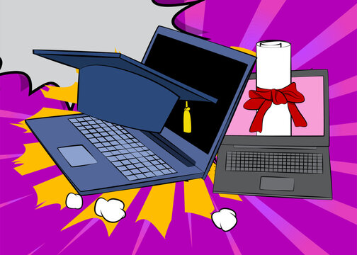 Cartoon Laptop, comic book Notebook with Graduation Cap and Rolled Up Diploma. Retro vector comics pop art design.