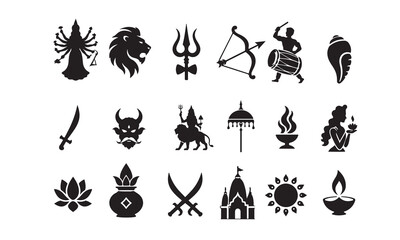 Fototapeta premium Durga Cultural Illustrations – Solid Black Vector Icons, Illustrations