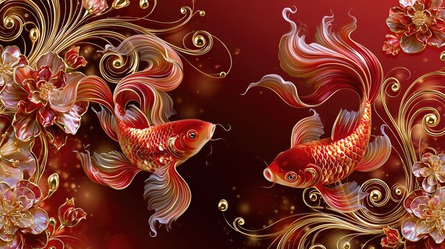 Growth Red Koi Fish Floral Background for Prosperity and Abundance
