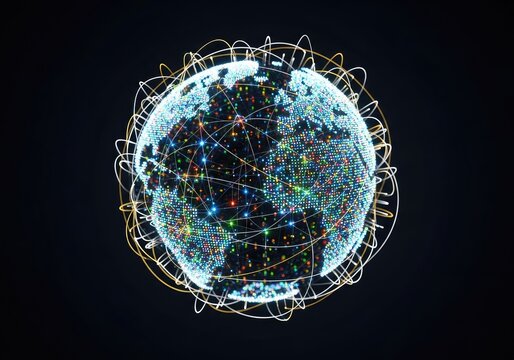 A luminous digital globe showing a complex web of interconnected data points and high speed light trails representing global communication, blue, information, signal