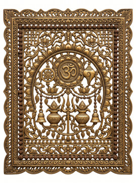 Ornate Om lotus mandala jaali panel with floral latticework and antique brass temple detailing